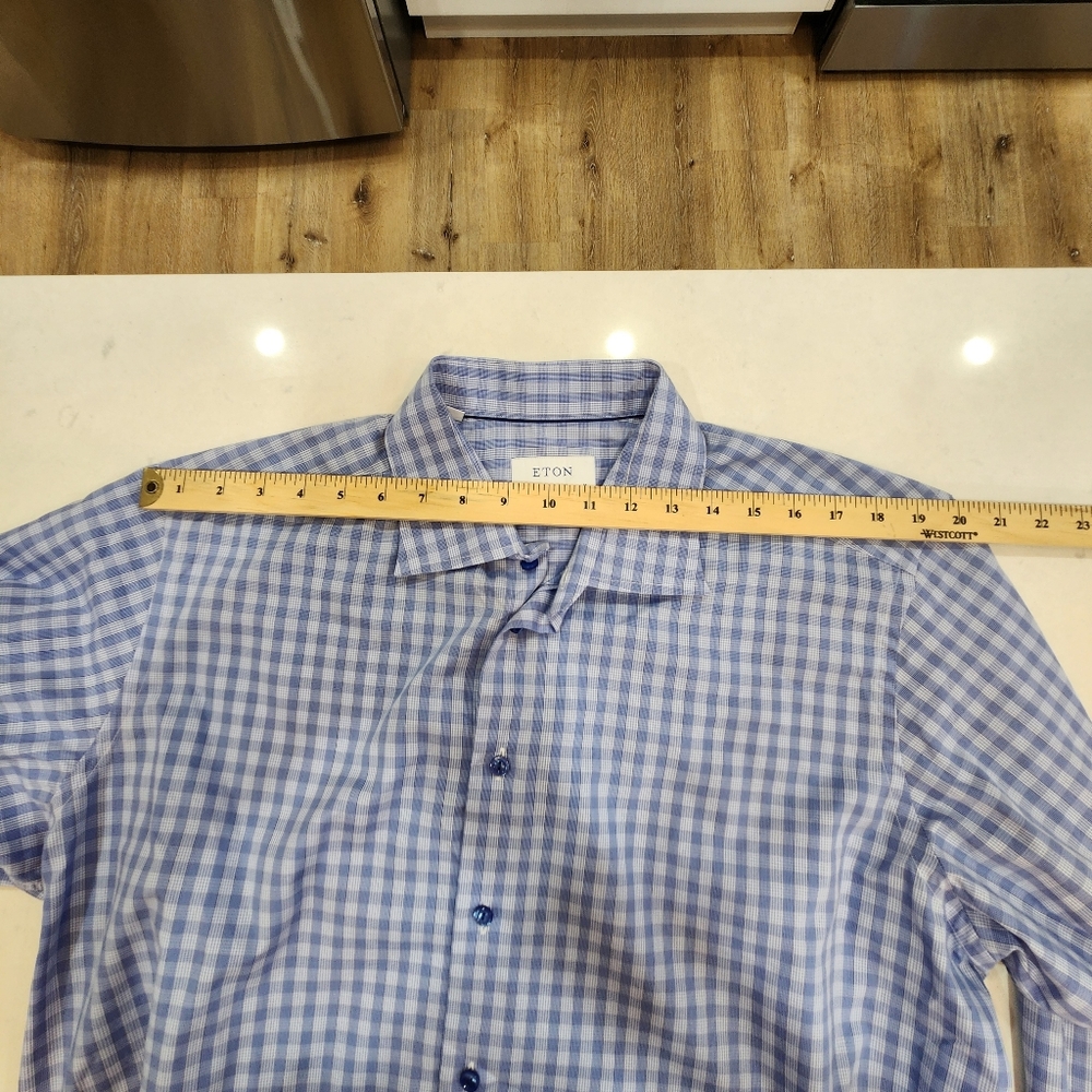 NWOT ETON Button Up Shirt 18 46 Contemporary Blue Check Gingham 100% Cotton - Picture 6 of 13